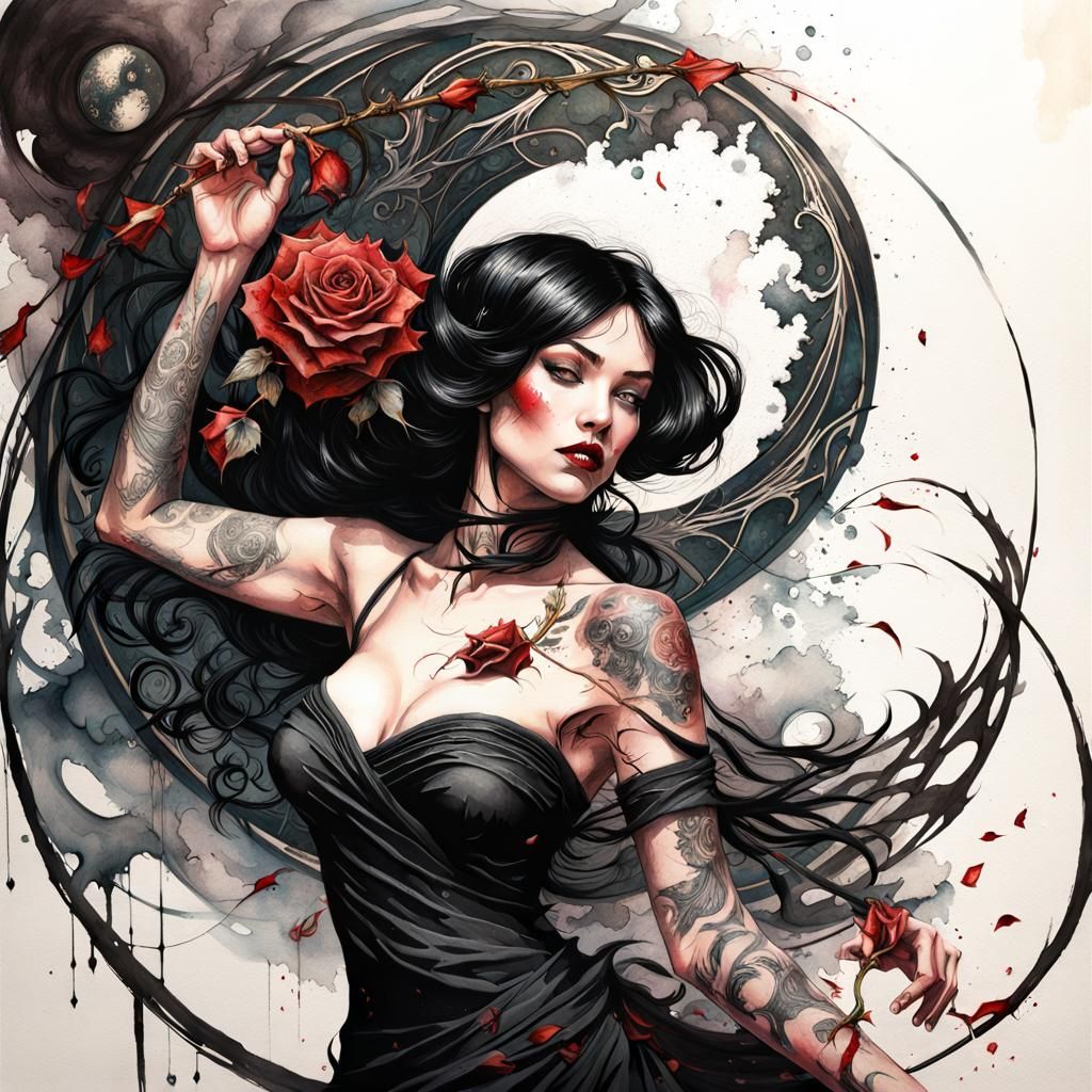 Goth Pinup with Rose Whip in Art Nouveau Style