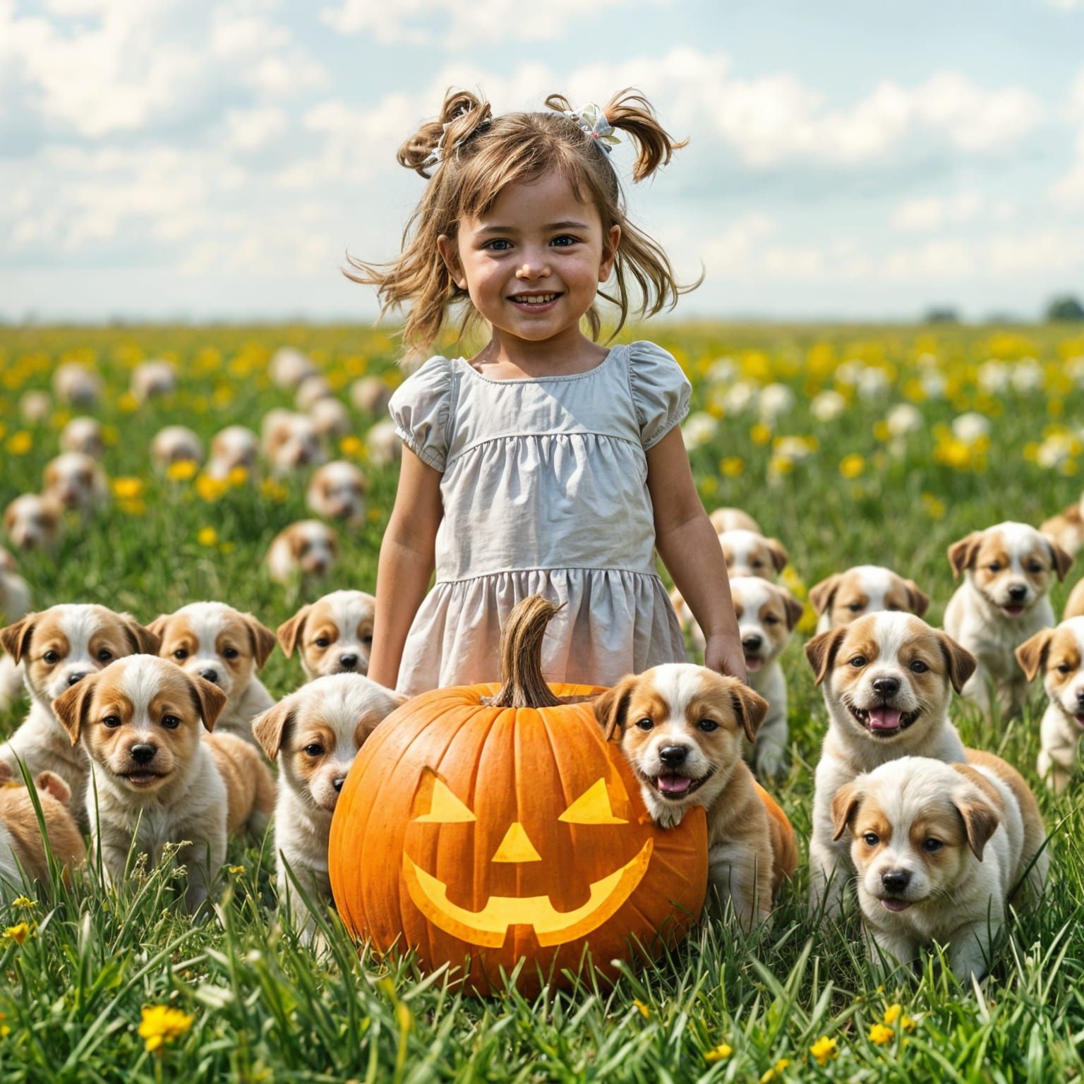 Hyperrealistic Cute Girl and Puppies in a Cheerful Field