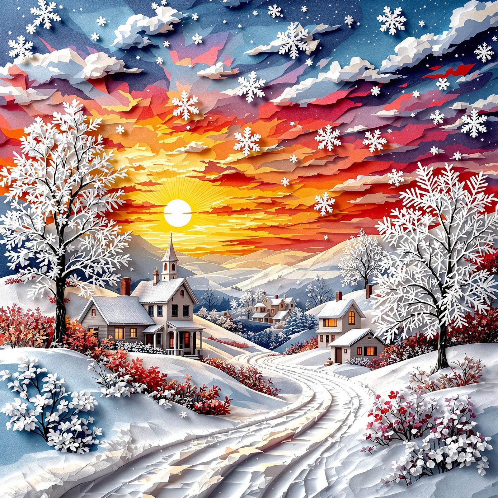 Winter Sunset Over Paper Houses with Lace Snowflakes