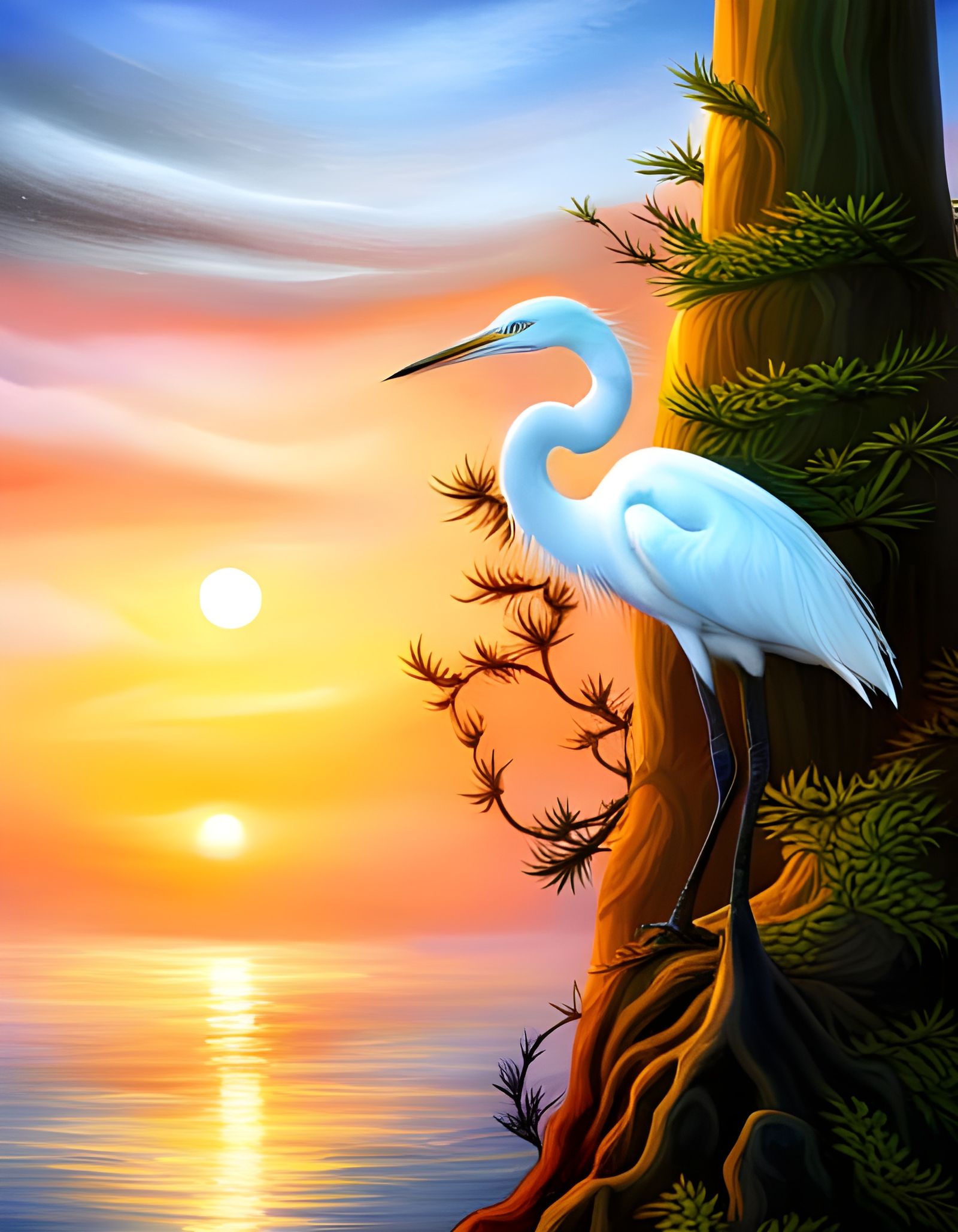 Egrets in Cypress Tree at Foggy Ocean Sunrise