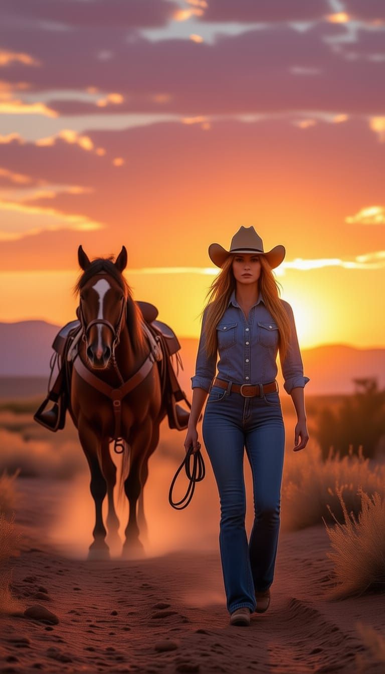 Cowgirl Leading Horse at Dusk