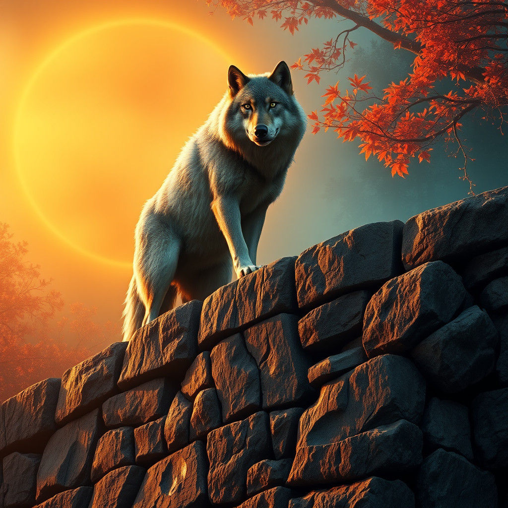 Majestic Wolf on Ancient Wall with Golden Light