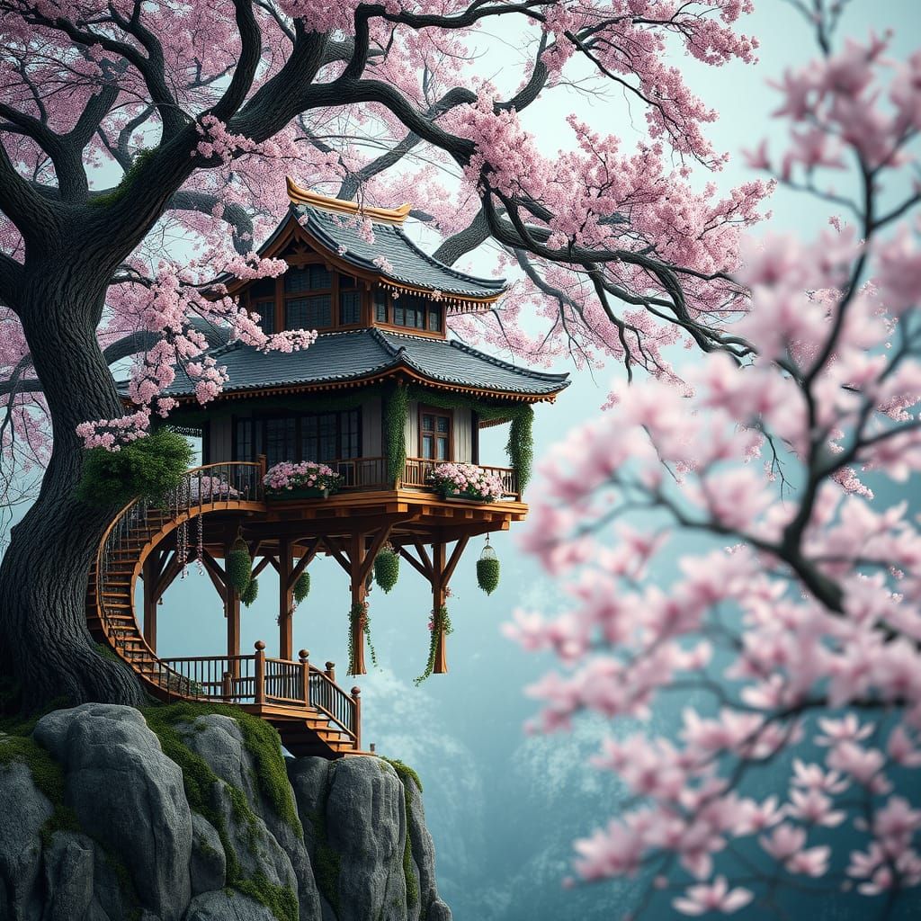 Ornate Japanese Treehouse in Cherry Blossom Tree