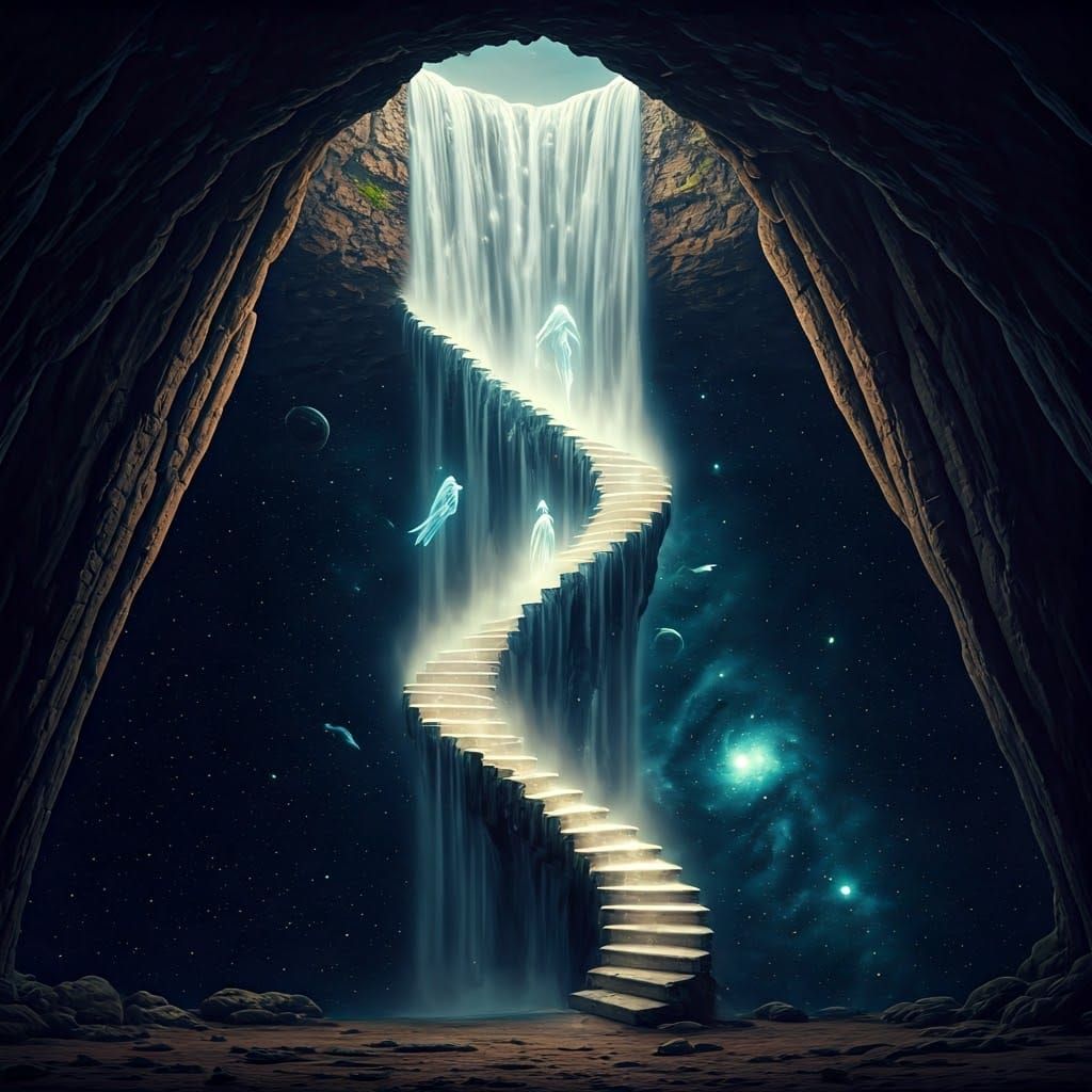 Ethereal Staircase Waterfall in Cosmic Cavern