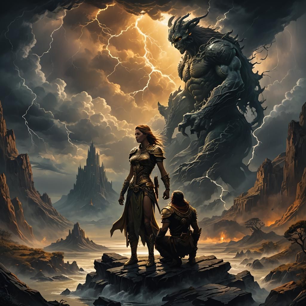 Couple Embracing in Stormy Landscape, Fantasy Art