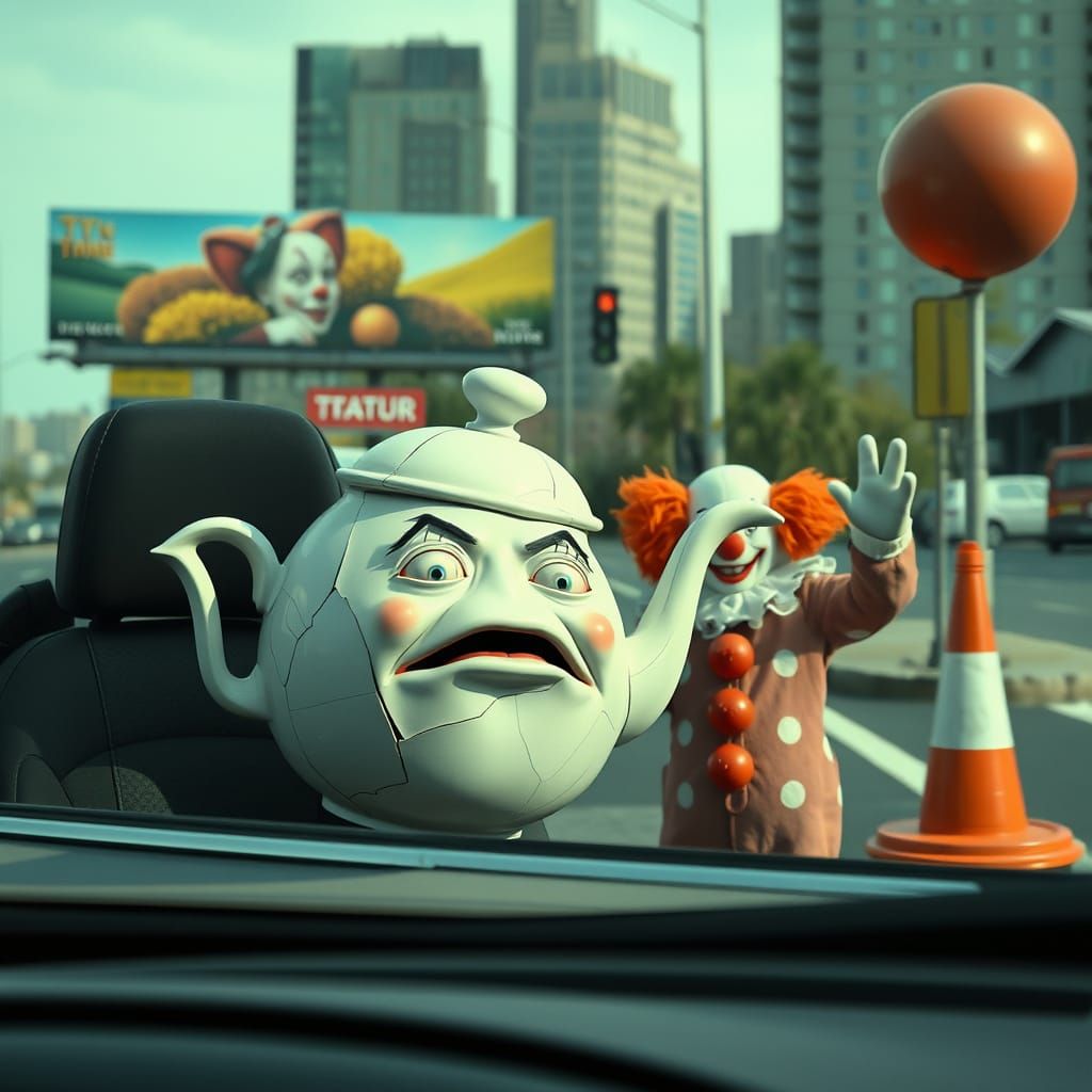 Terrified Teapot Faces Creepy Clown in City