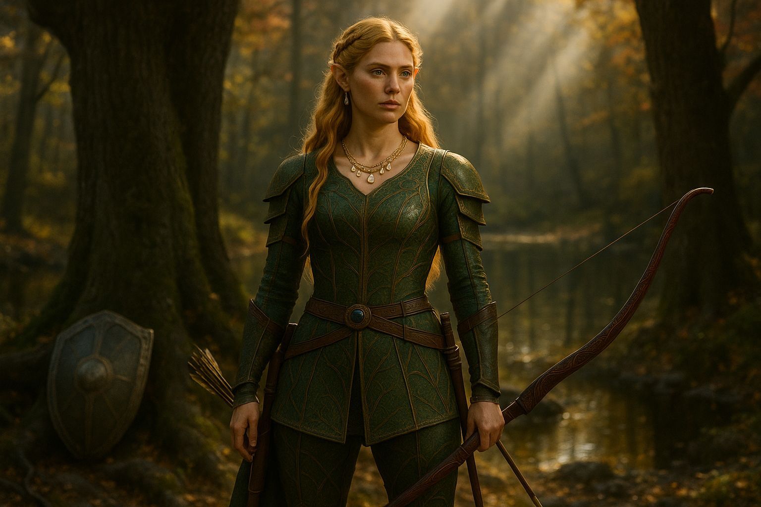 Elegant Wood Elf Princess with Golden Hair and Royal Blue Ea...