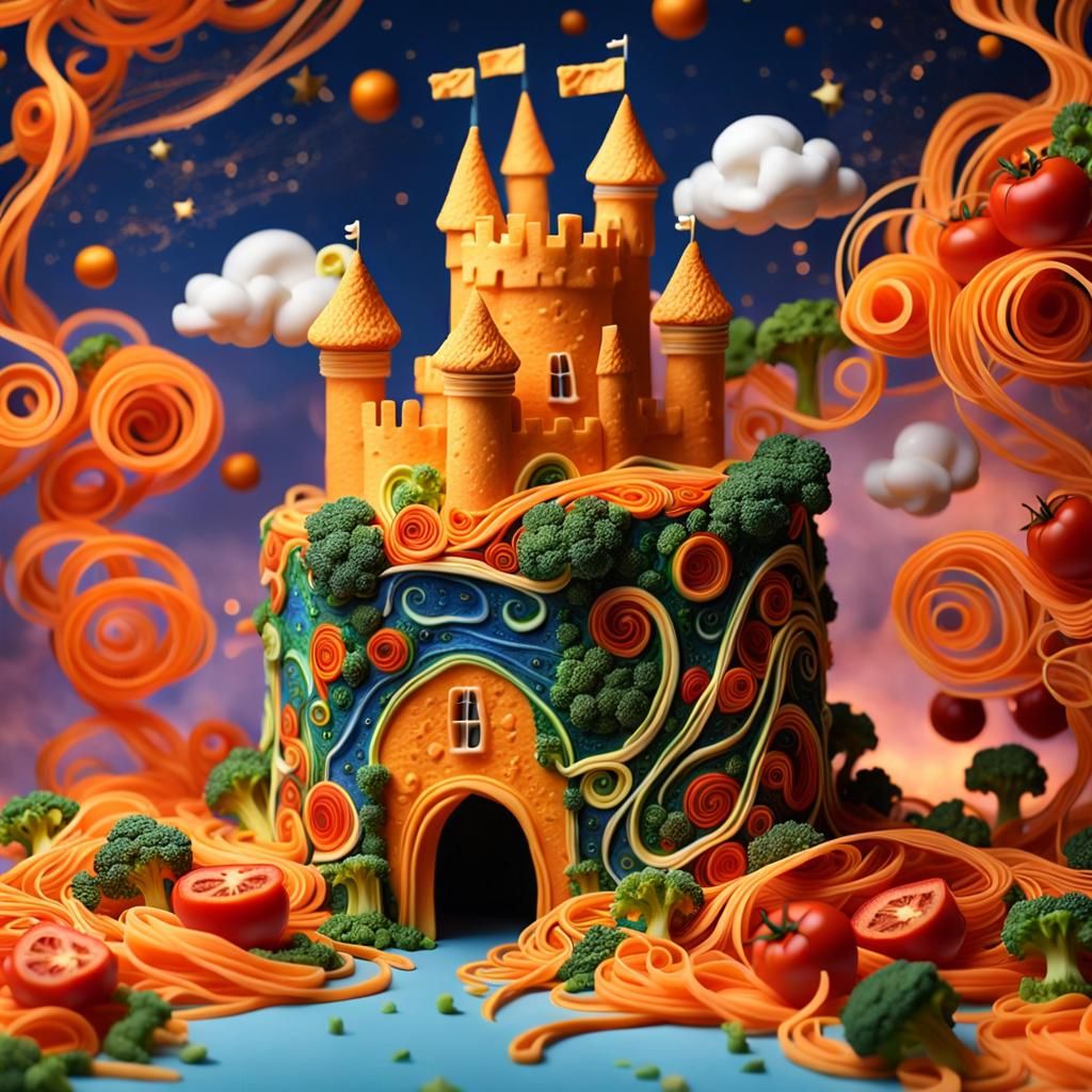 3d concept diorama of food art fantasy:: A cheese sandwich in the shape of a castle
_swirling spaghetti galaxy_ mesmeriz...