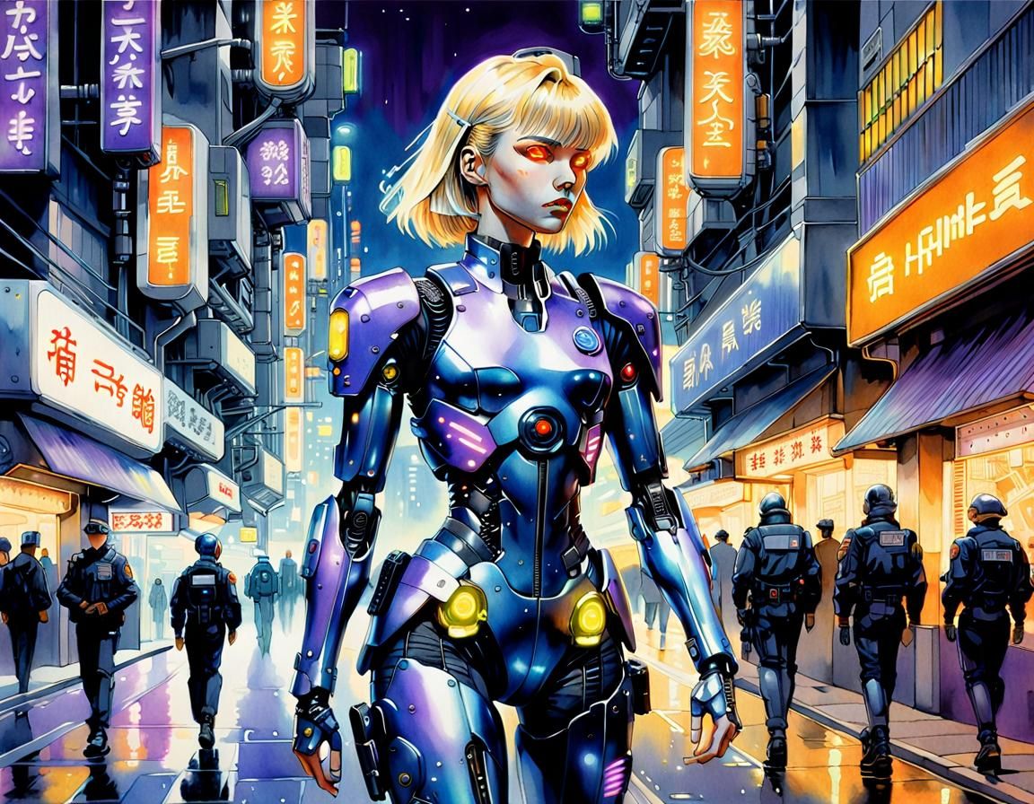 Cyberpunk Android Policewoman on Patrol, Sorayama Style