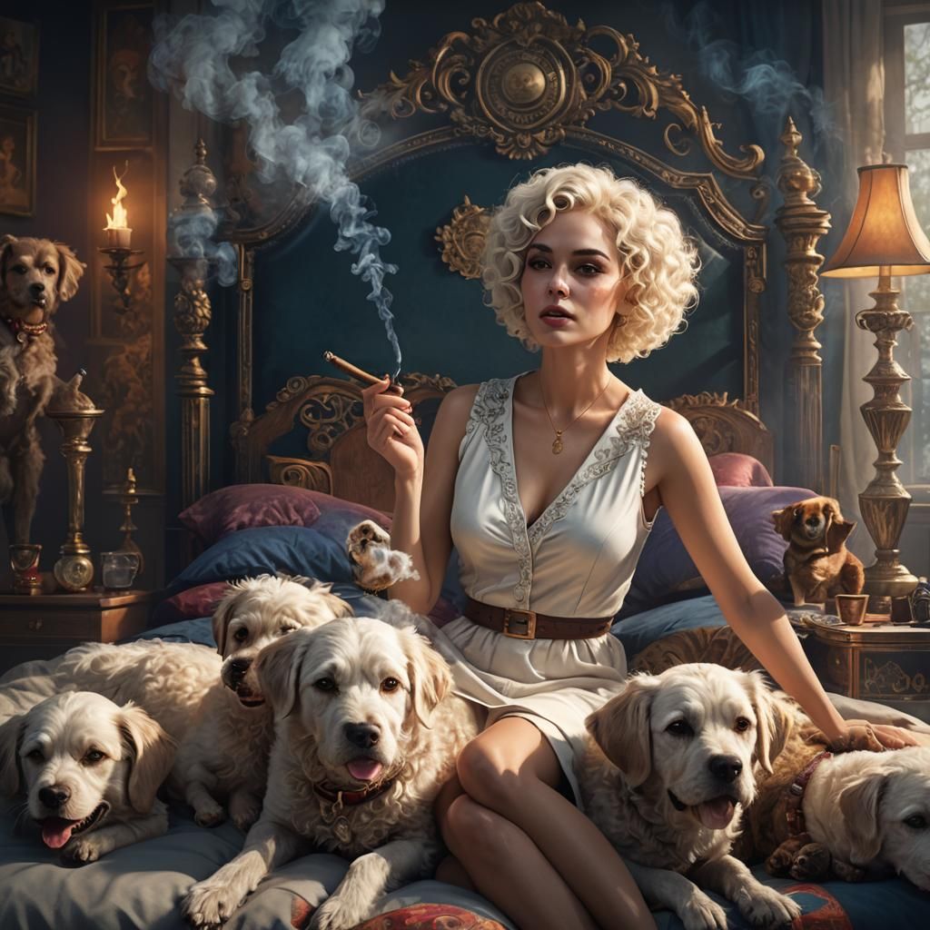 Woman Smoking Cigar with Dogs, Detailed Matte Painting