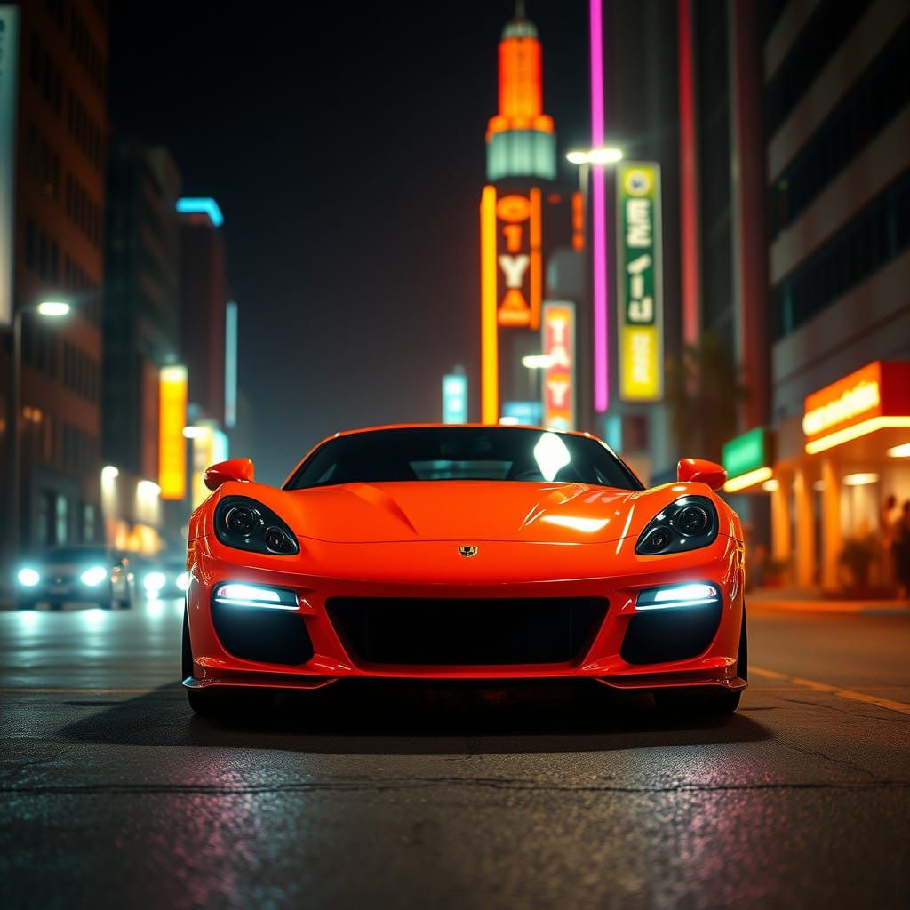 Epic Blaze Orange Sports Car Dominates Neon Cityscape