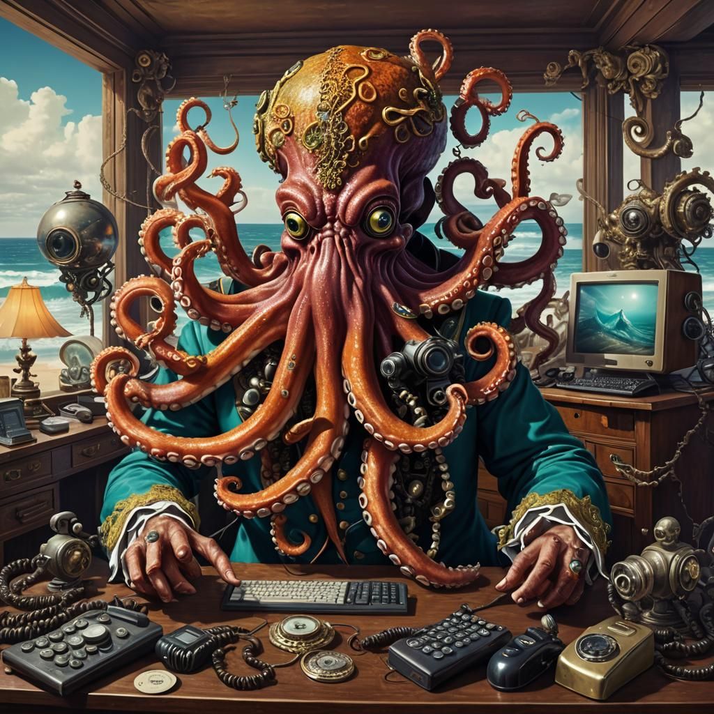 Surreal Octopus Person at Computer Desk