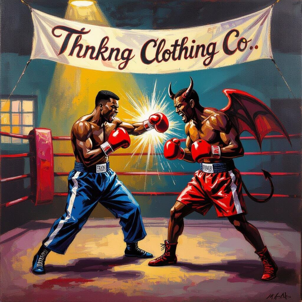 Malcolm X Battles Devil in African Gym Oil Painting