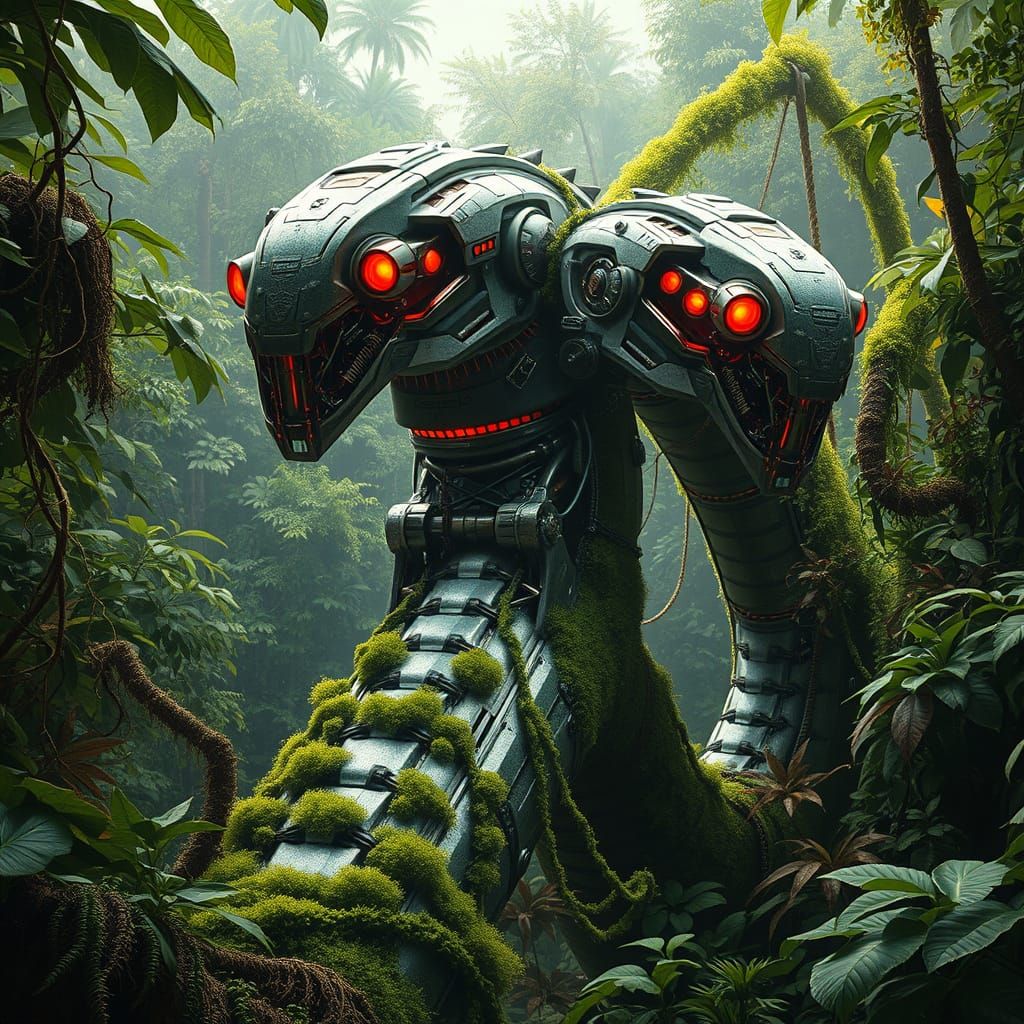 Mecha Serpent Emerges from Jungle Depths in Industrial Futur...