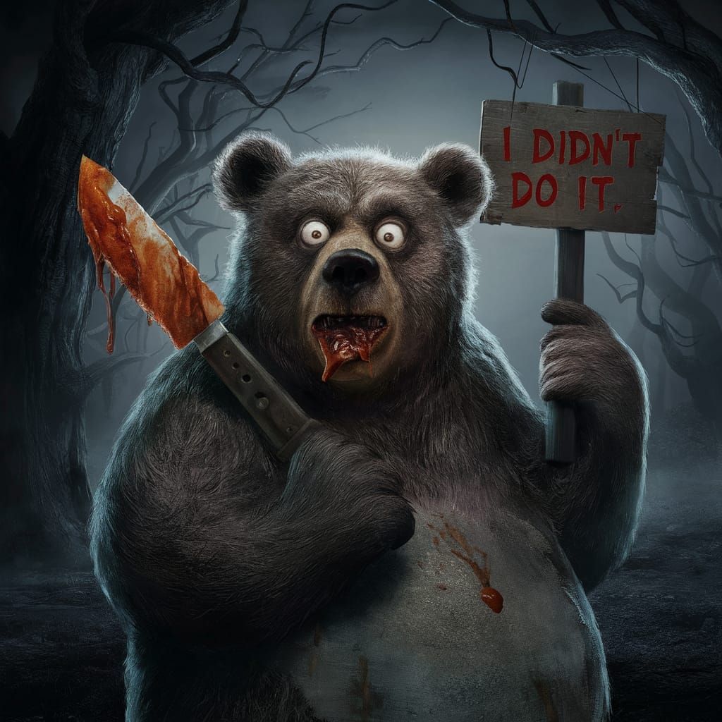 Demented Bear with Knife in Dark Forest
