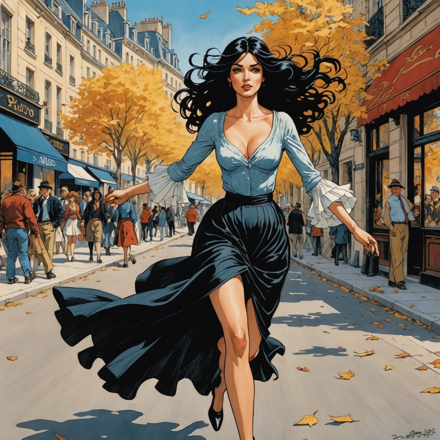 Girl's Skirt Lifts in Paris Wind, Comic Art