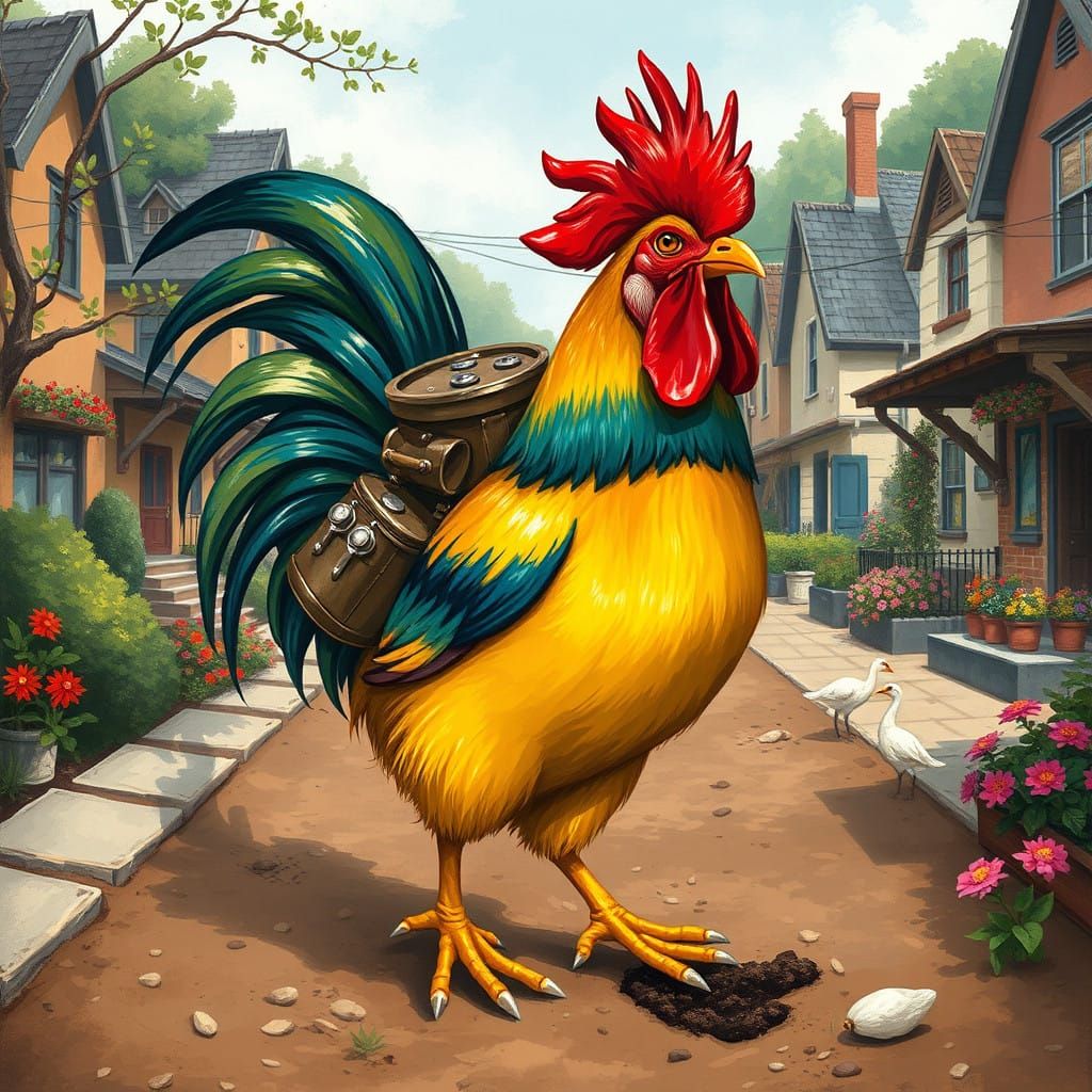 Vibrant Rooster Embarks on Joyful Neighborhood Adventure