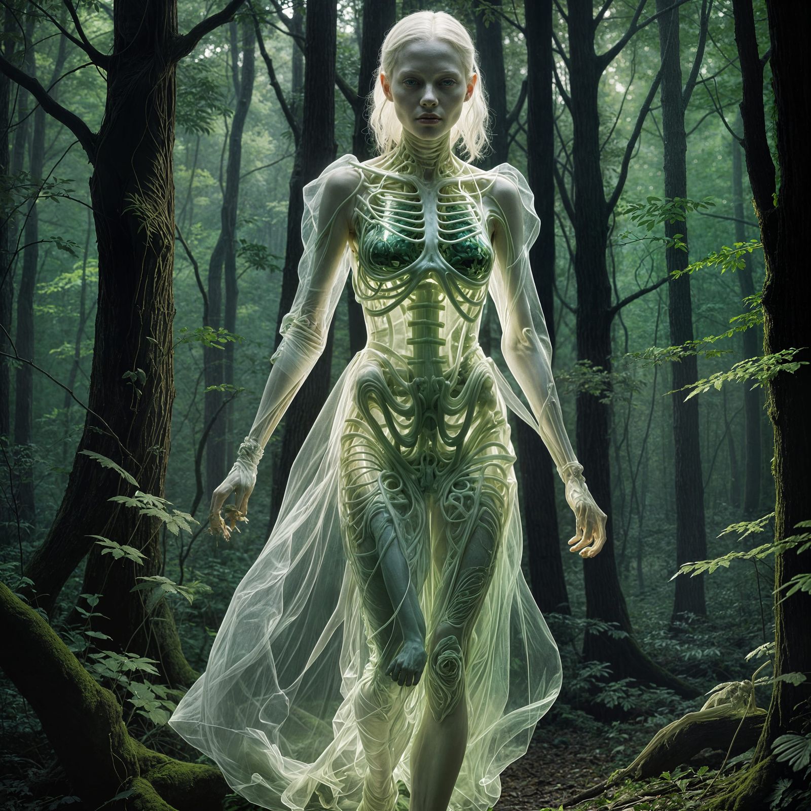 Albino Woman with Glowing Skeleton in Misty Forest