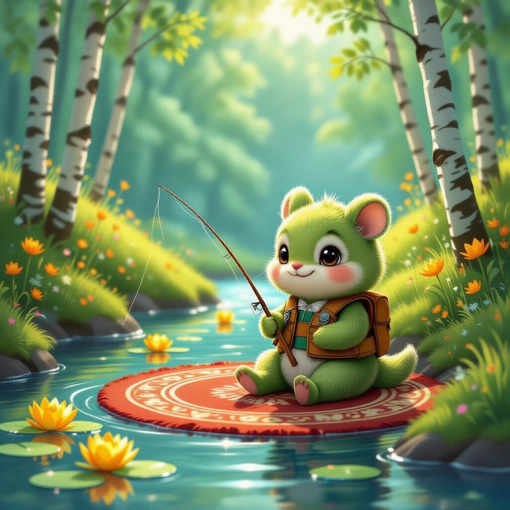 Whimsical Green Creature Fishing in a Stream