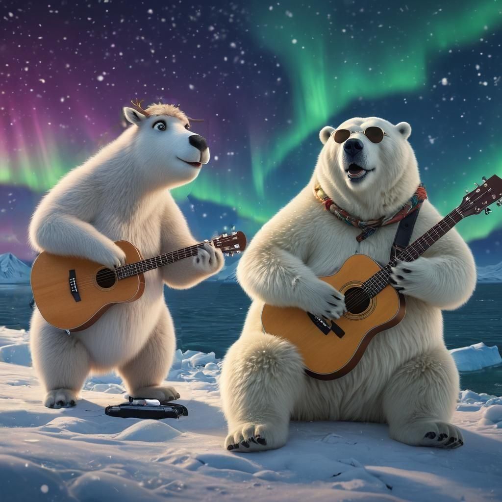 Arctic Animal Band Under Aurora Borealis