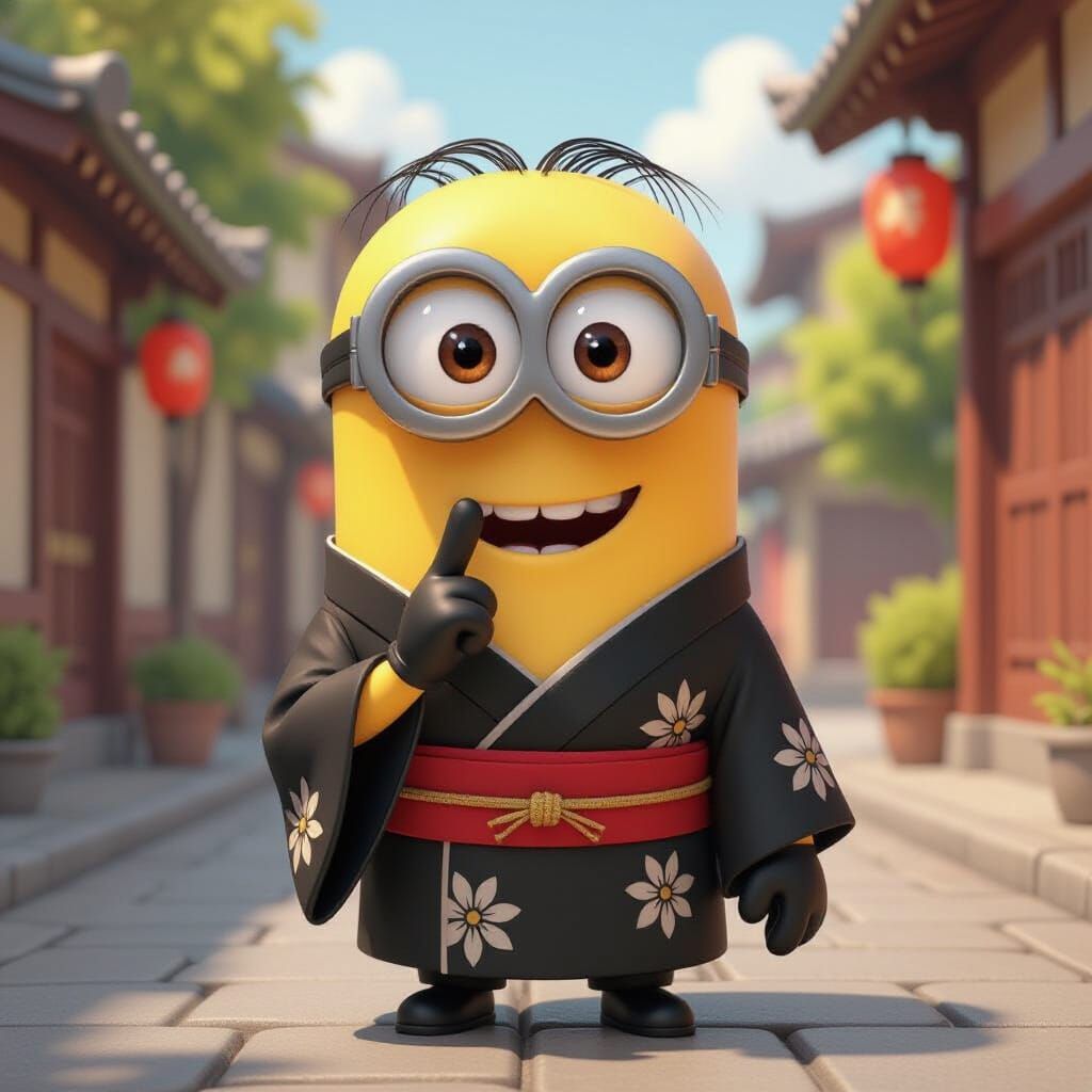 Minion in Kimono with Finger in Mouth, Pixar Style
