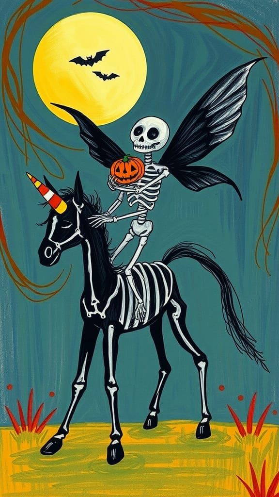 Halloween Fairy Rides Unicorn: Childlike Crayon Art