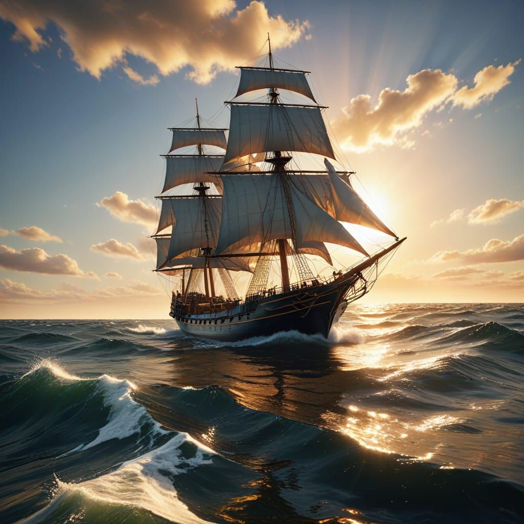 Majestic Ship Sailing on Sunny Sea: Oil Painting