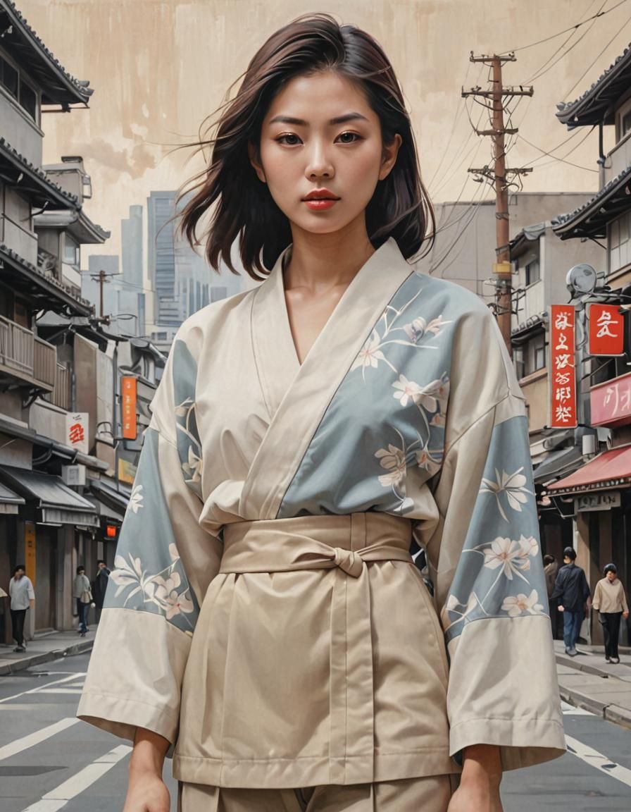 90s Japanese Woman in Muted Oil Painting