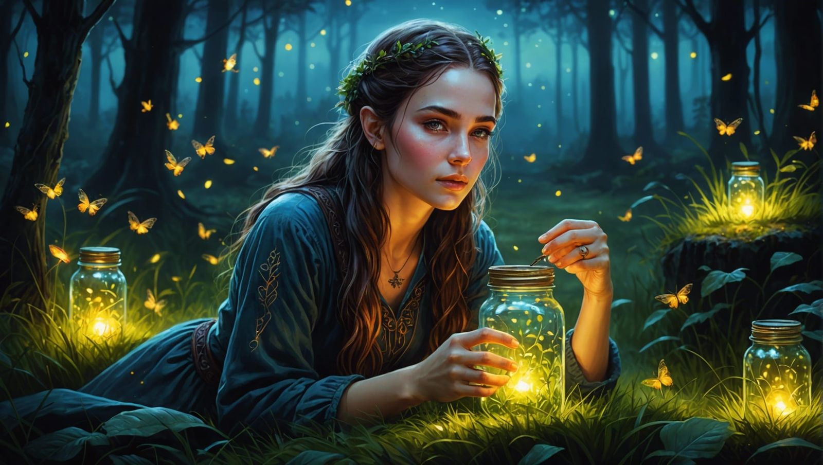 Elven Woman with Fireflies in Ink Portrait