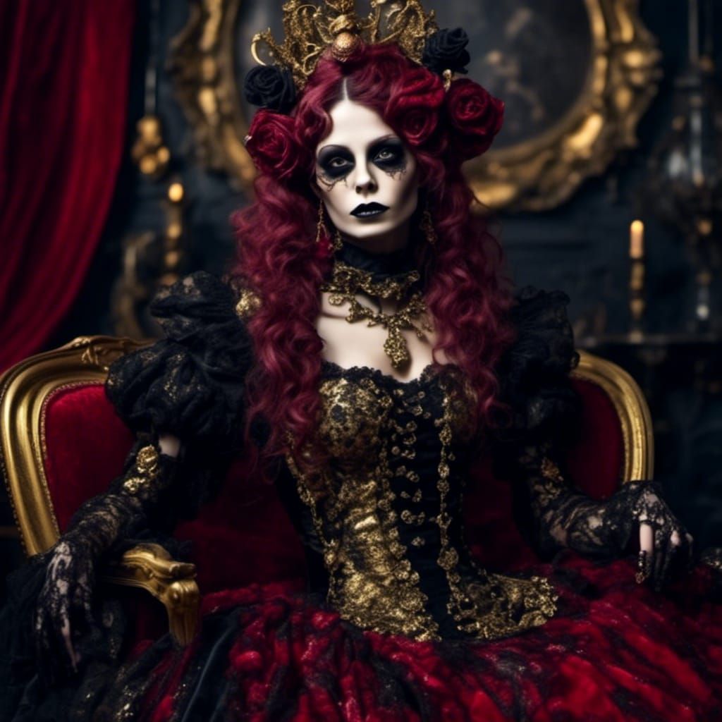 Gothic Woman with Gold Glitter in Rococo-Horrorcore Style