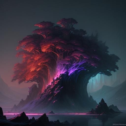 Glowing Red Gems in Dark Fantasy Landscape