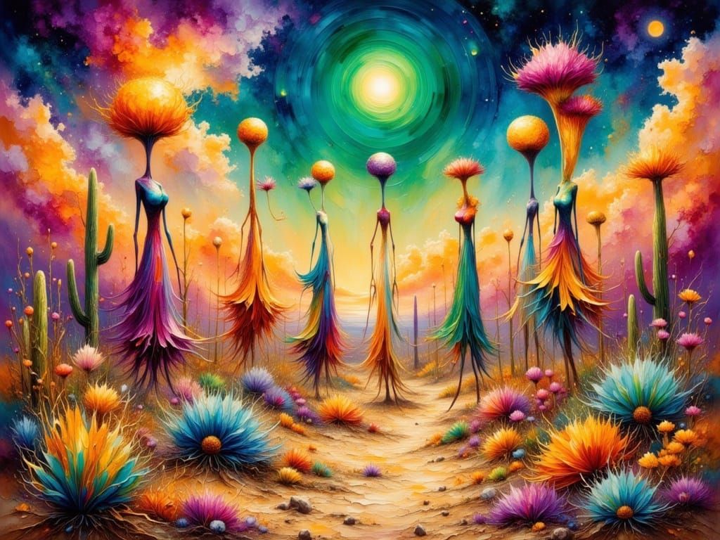 Surreal Desert Dance with Alien Sky