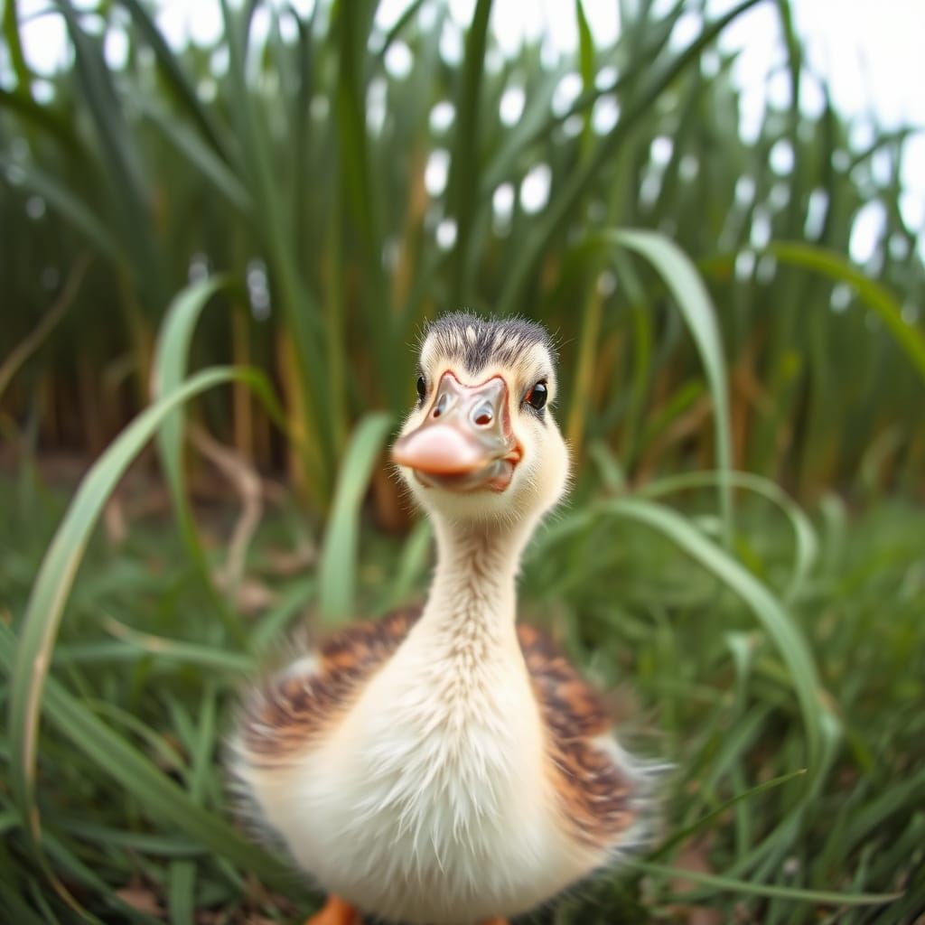Dancing Duckling Photobomb with Giant Grass