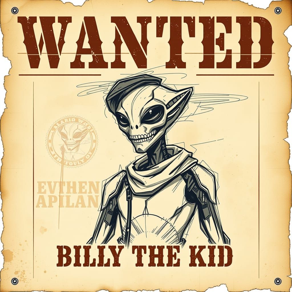 Alien Outlaw Wanted Poster in Retro-Futuristic Style