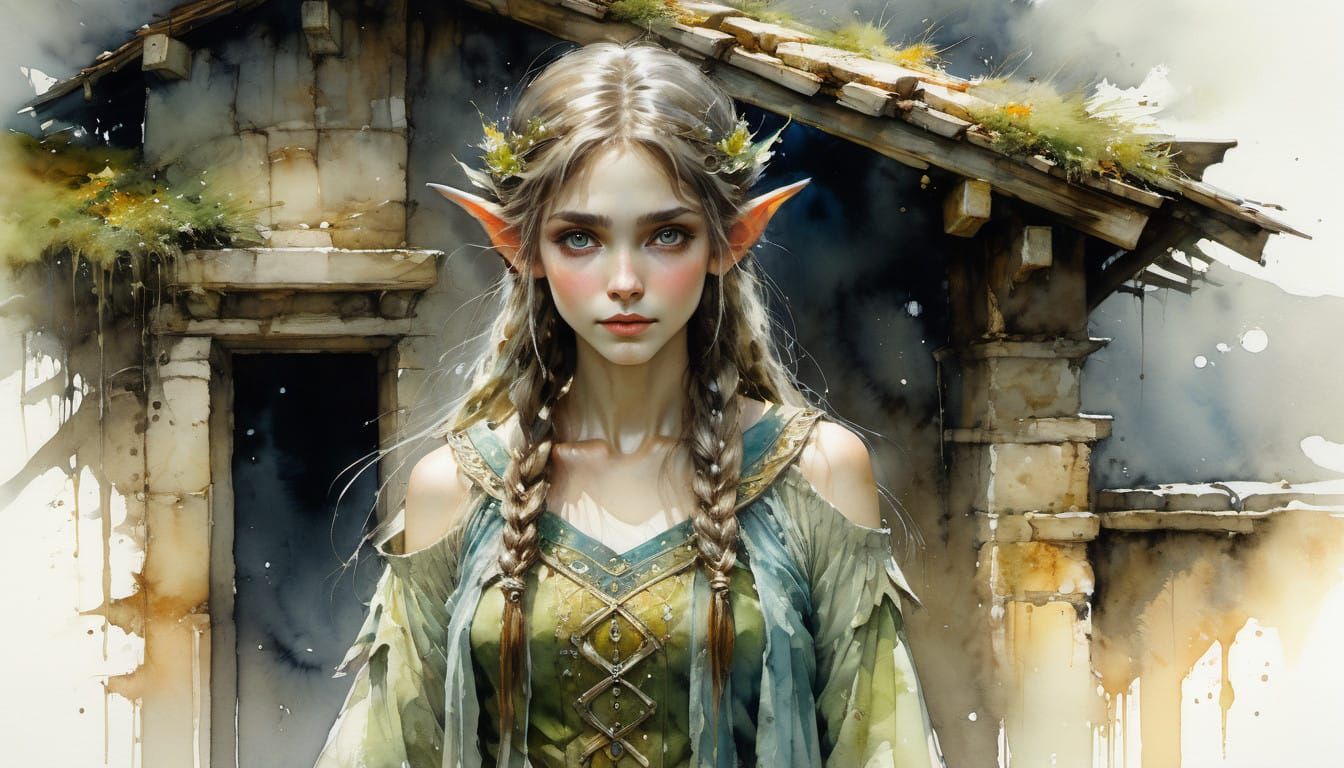 Watercolor Portrait of Enchanted Elf Woman in Earthy Tones