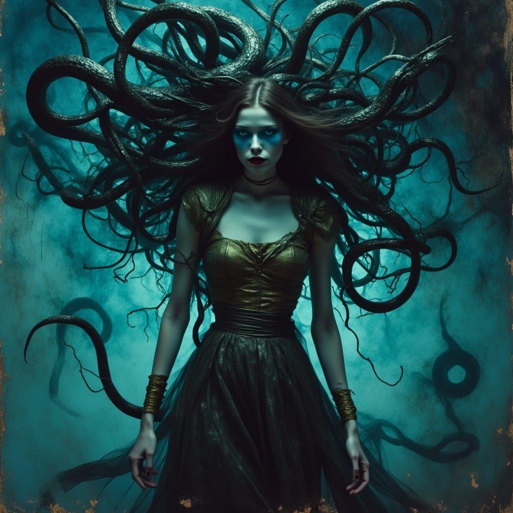 Medusa with Iron Snakes in Dark Fantasy Style