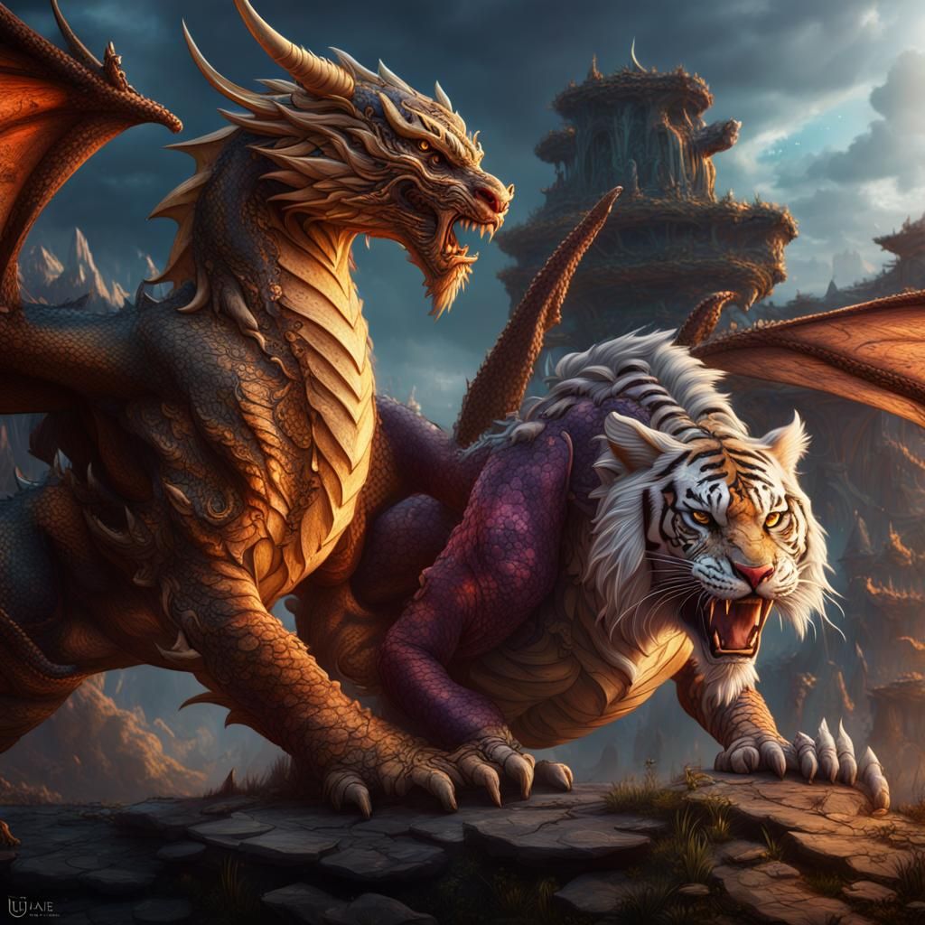 Epic Dragon vs Tiger Battle in Detailed Matte Painting