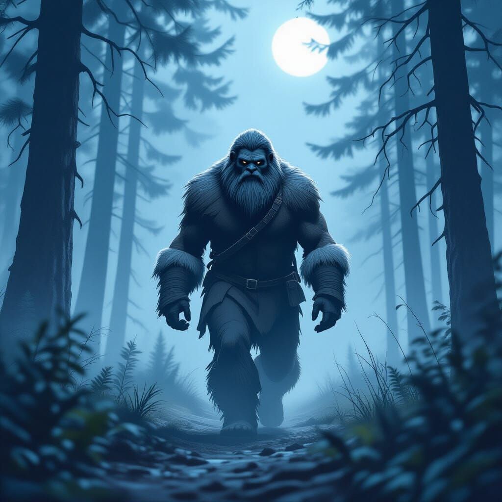 Bigfoot Walks in Misty Forest, Mystical Realism