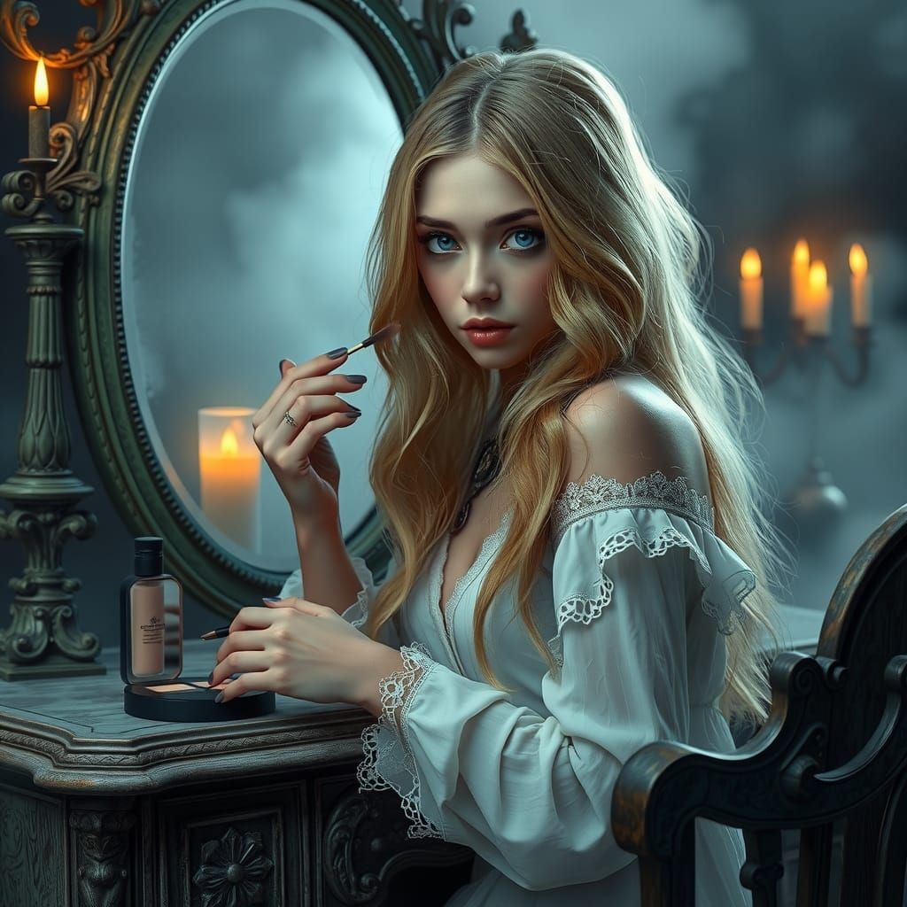Gothic Woman at Vanity Mirror in Dreamlike Illustration