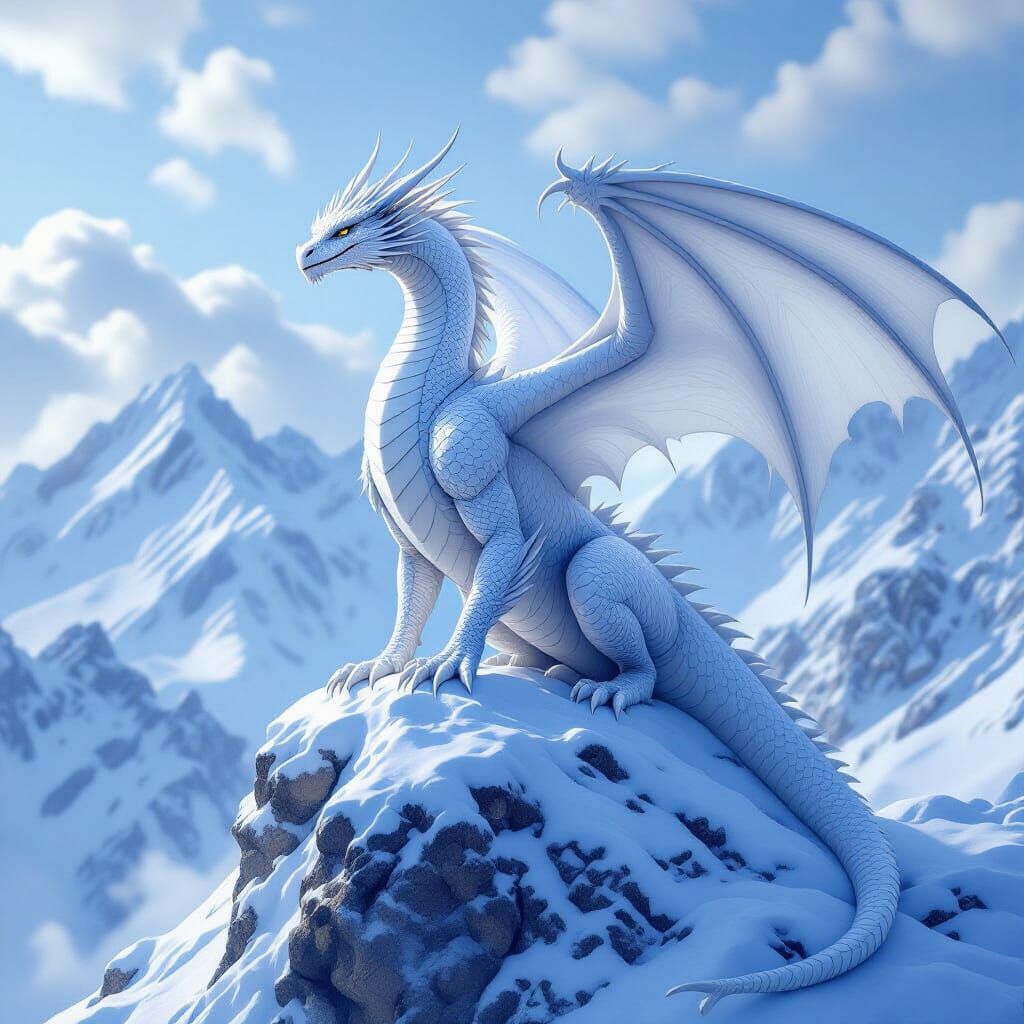 Icy White Dragon Perched on Snowy Mountain