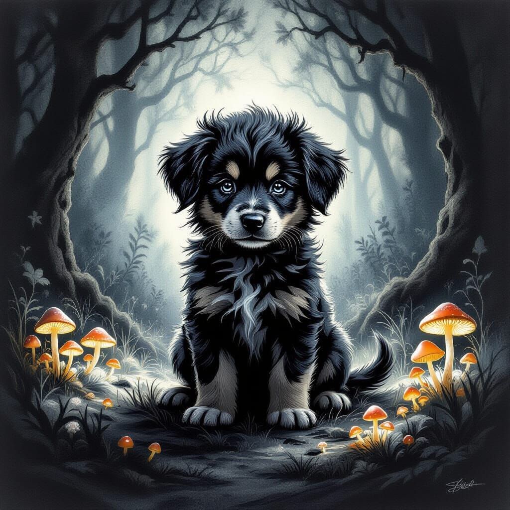 Mystical Ink Puppy in Enchanted Forest Charcoal Drawing