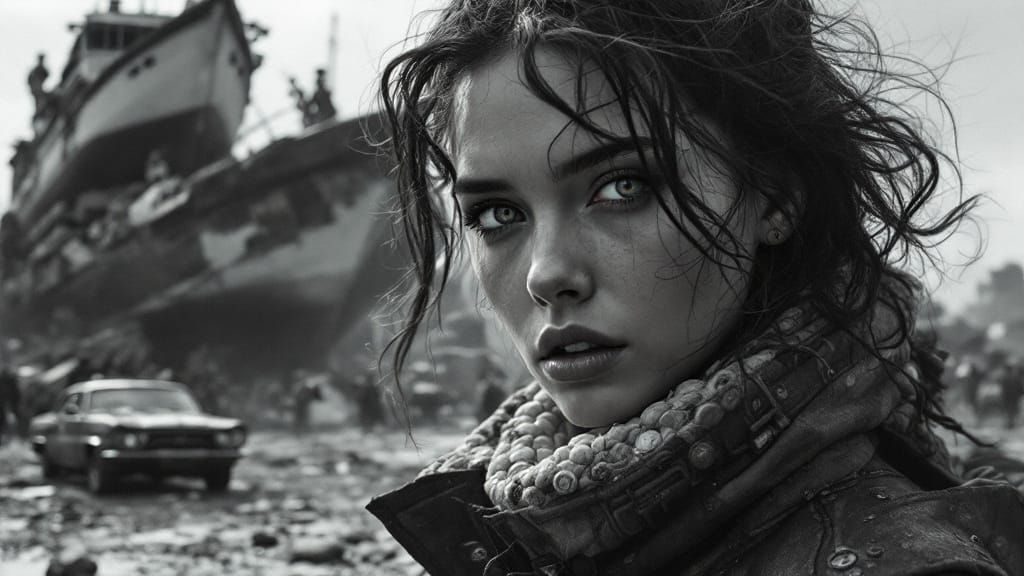 Woman's Intense Gaze Amidst Barricade Battle