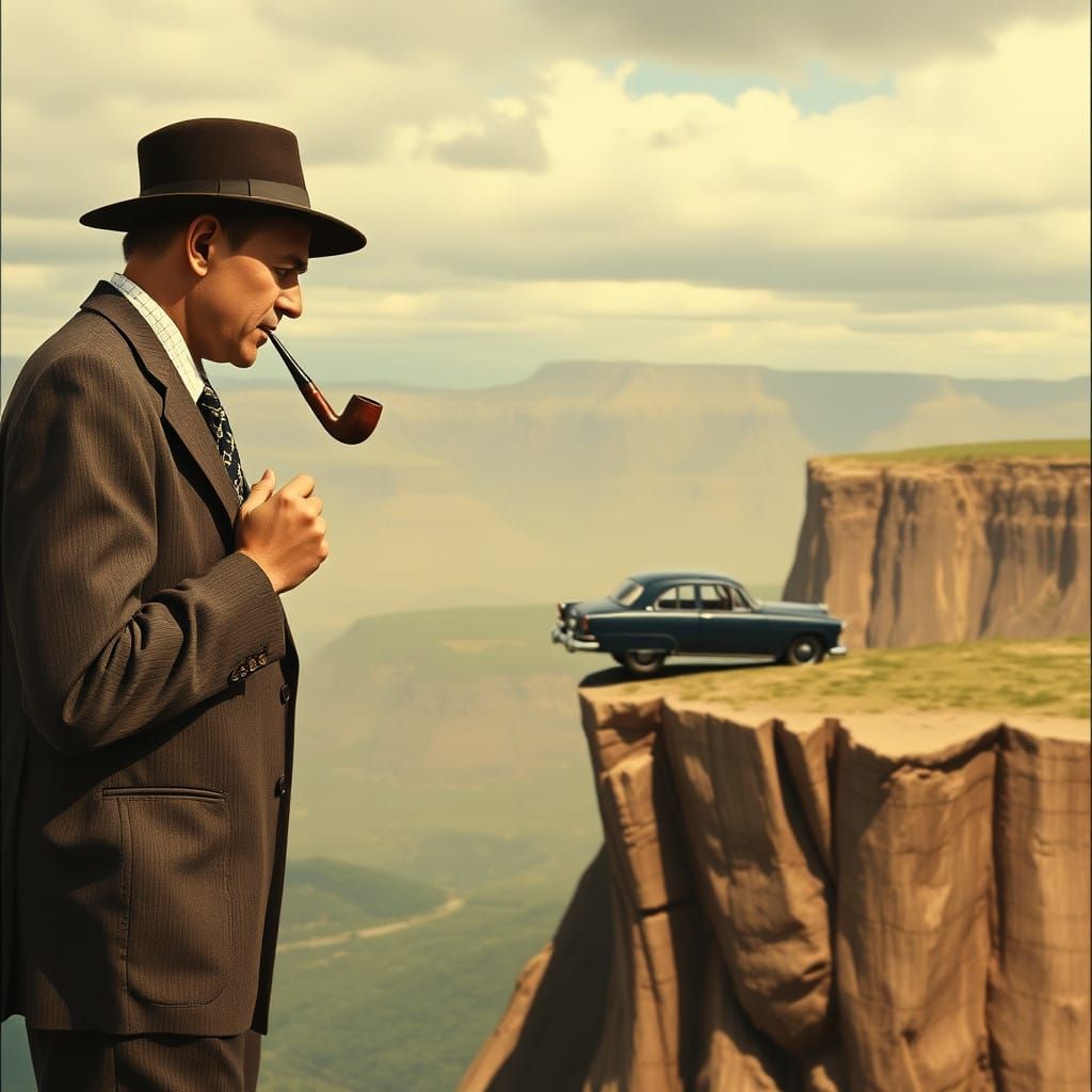 Eccentric Gentleman in Surreal Landscape