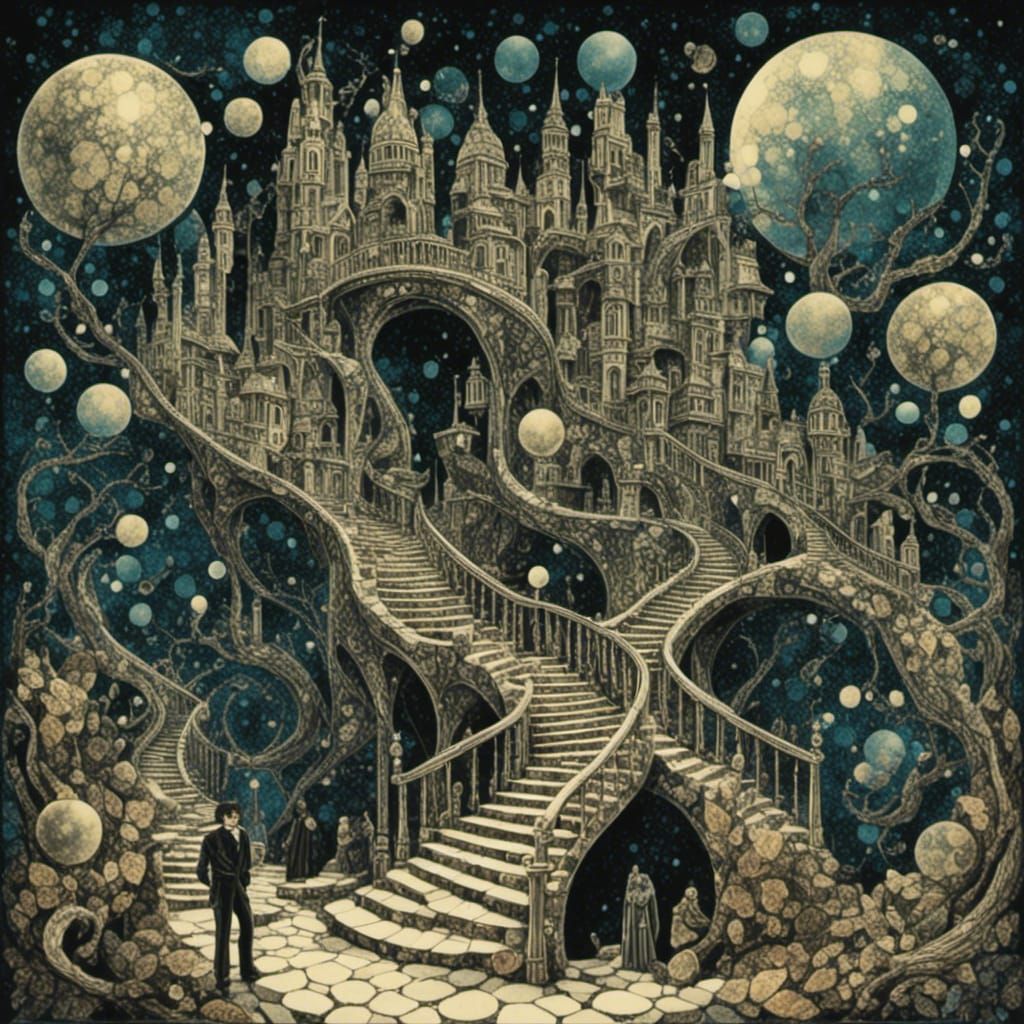 Feline Figures in Escher-Inspired Surreal Scene