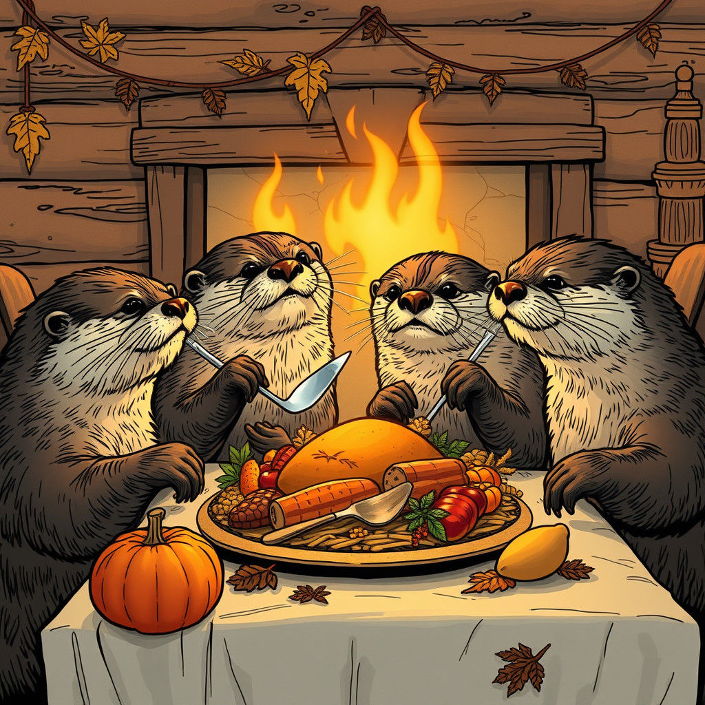 Thanksgiving Dinner with Otter Family in Comic Book Art