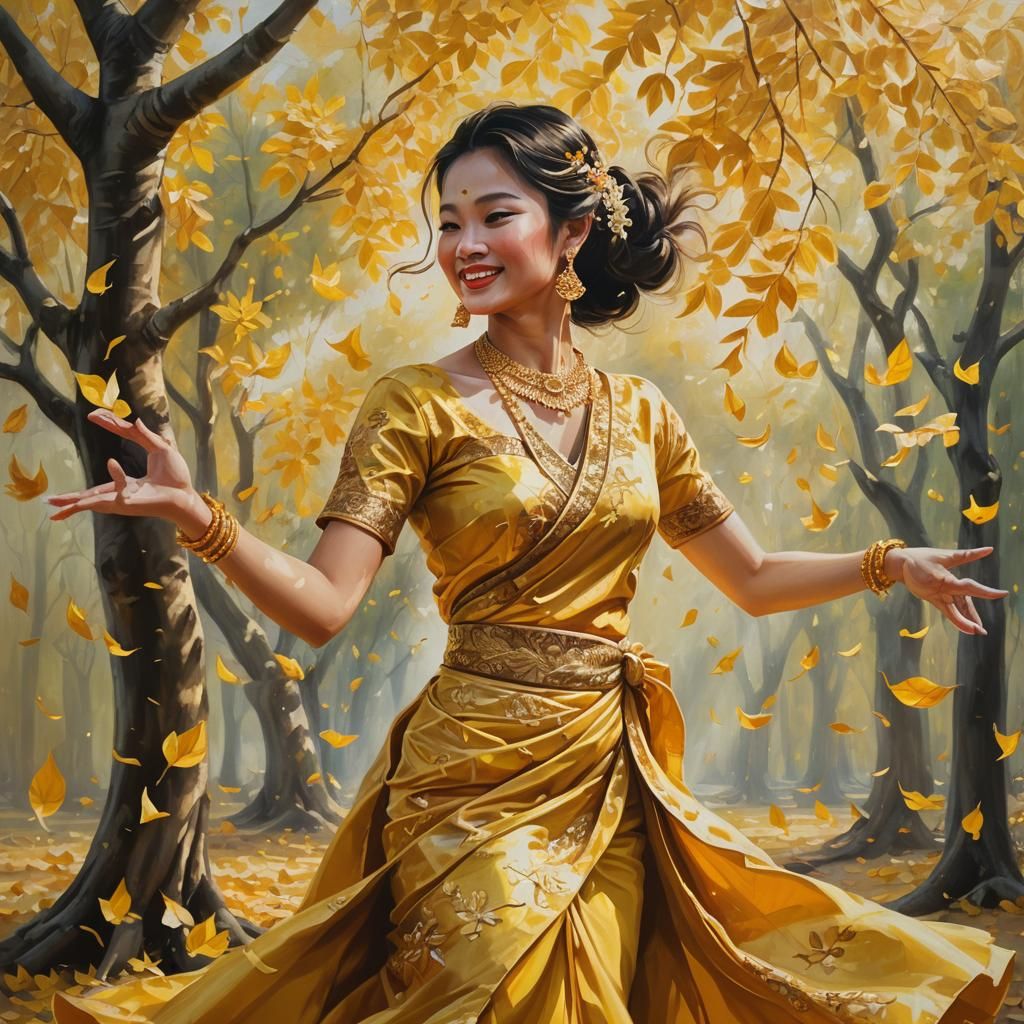 Golden Thai Dancer in Anime Oil Painting Style
