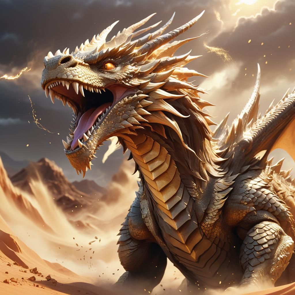 Dust Dragon Roaring in Stormy Desert: 3D Anime