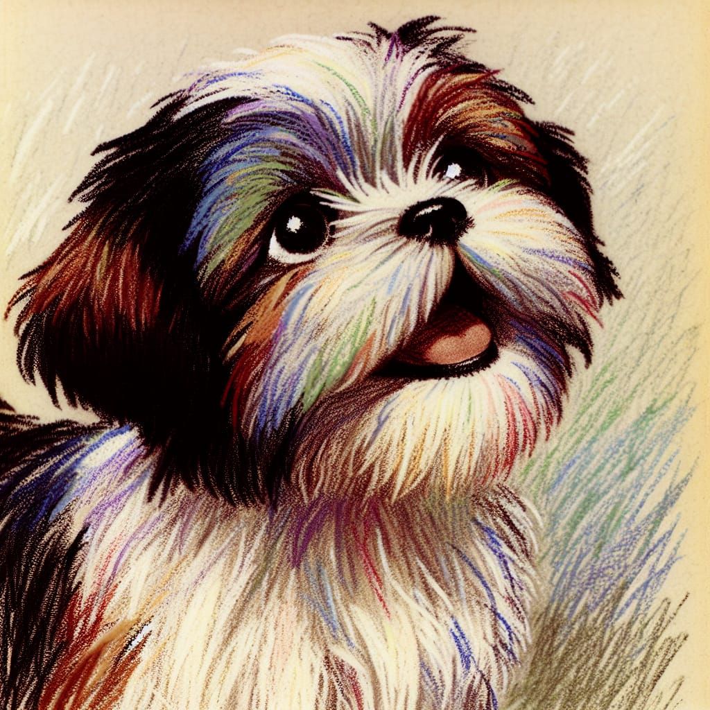 Cheerful Shih Tzu Puppy in Crayon Style Illustration