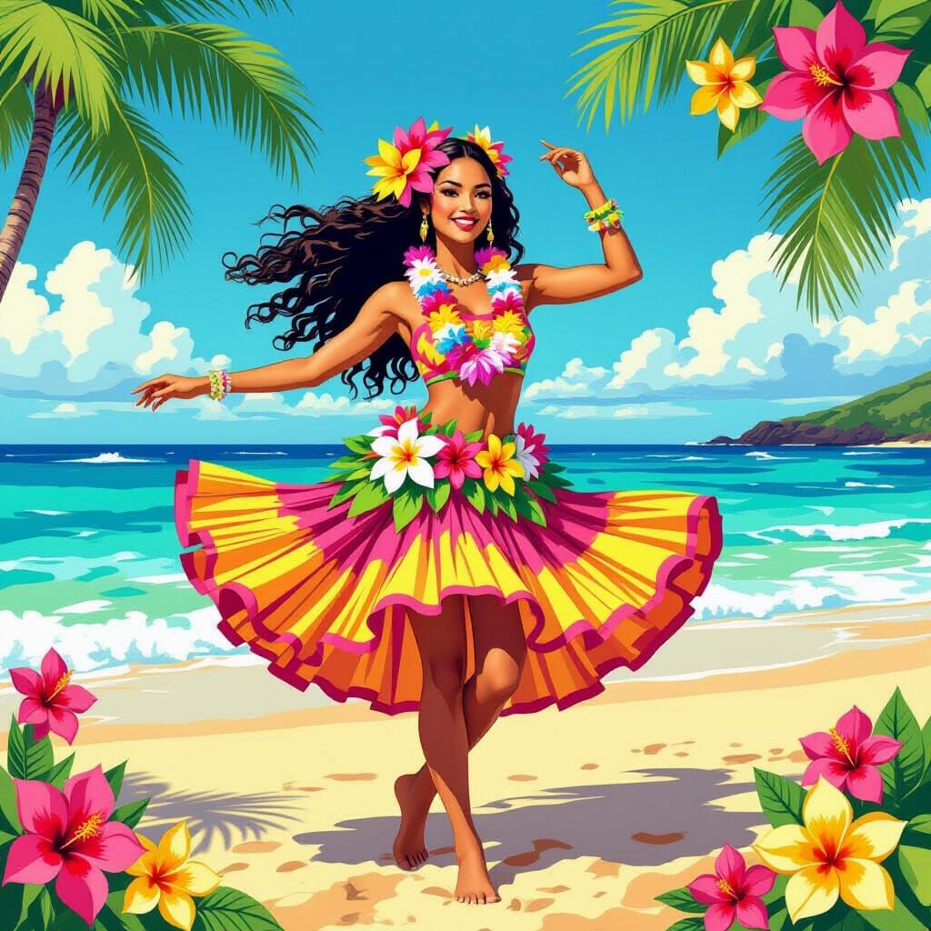 Pop Art Hula Dancer in Hawaii with Tropical Flowers
