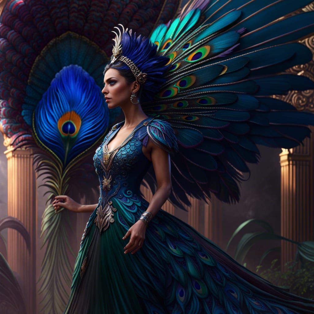 Woman in Peacock Dress: Detailed Fantasy Art